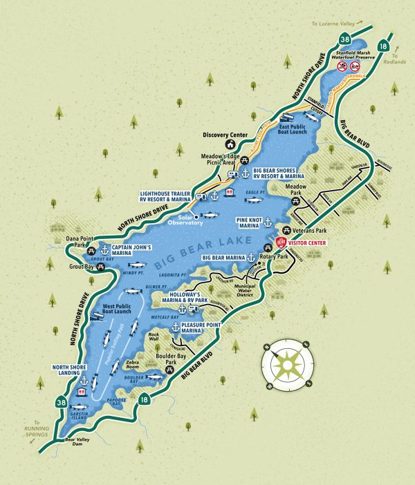 Fishing spots, boat launches, restroom and Marinas in Big Bear Lake