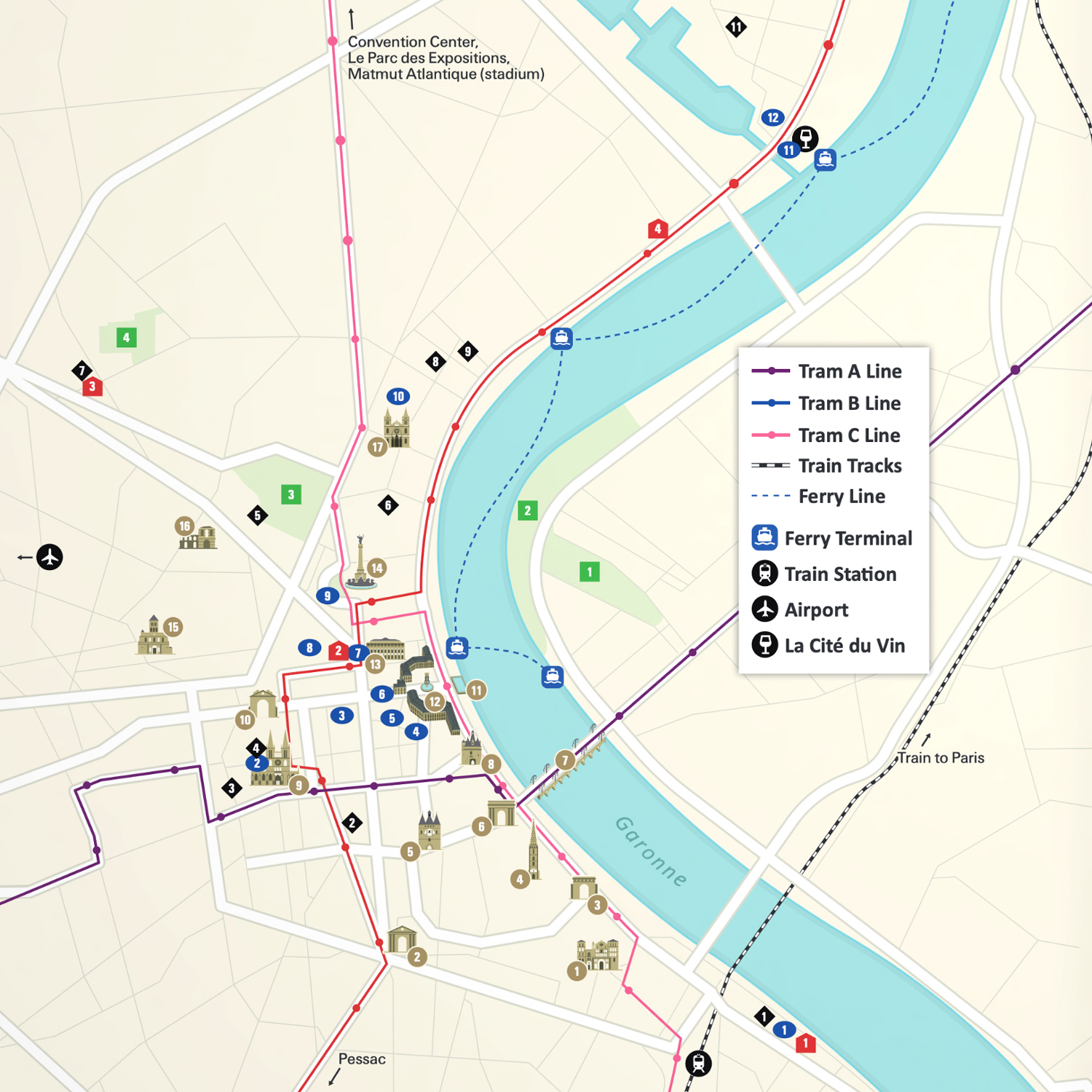 Bordeaux city center with landmarks and points of interest