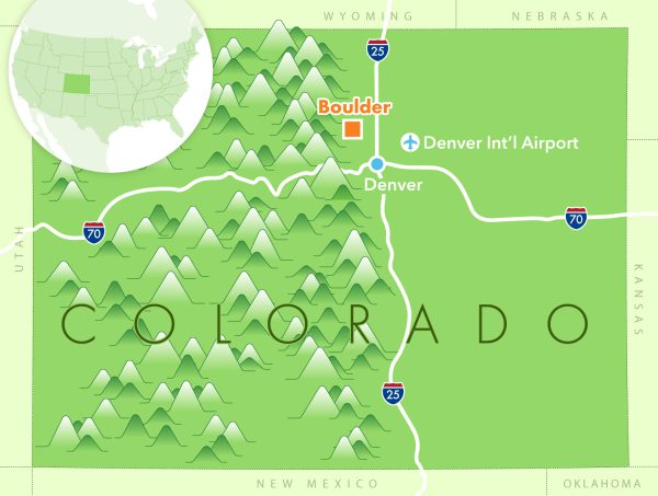 Map showing the location of the city of Boulder in Colorado