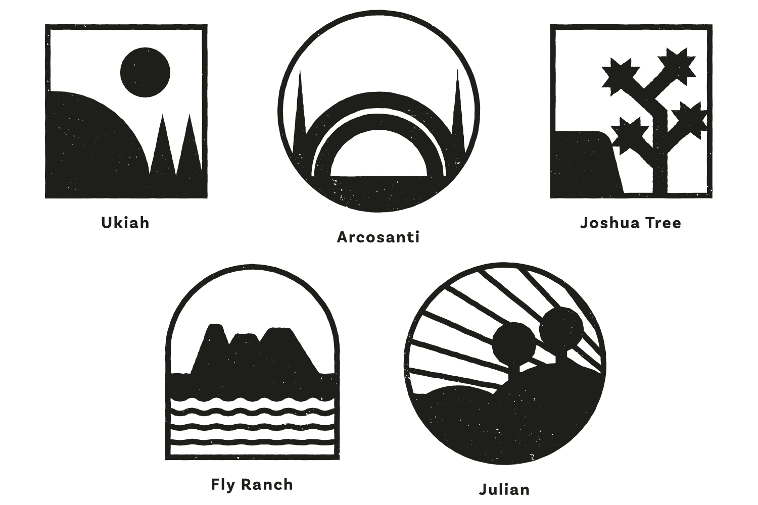 5 black and white stickers representing Ukiah, Arcosanti, Johua Tree, Fly Ranch and Julien