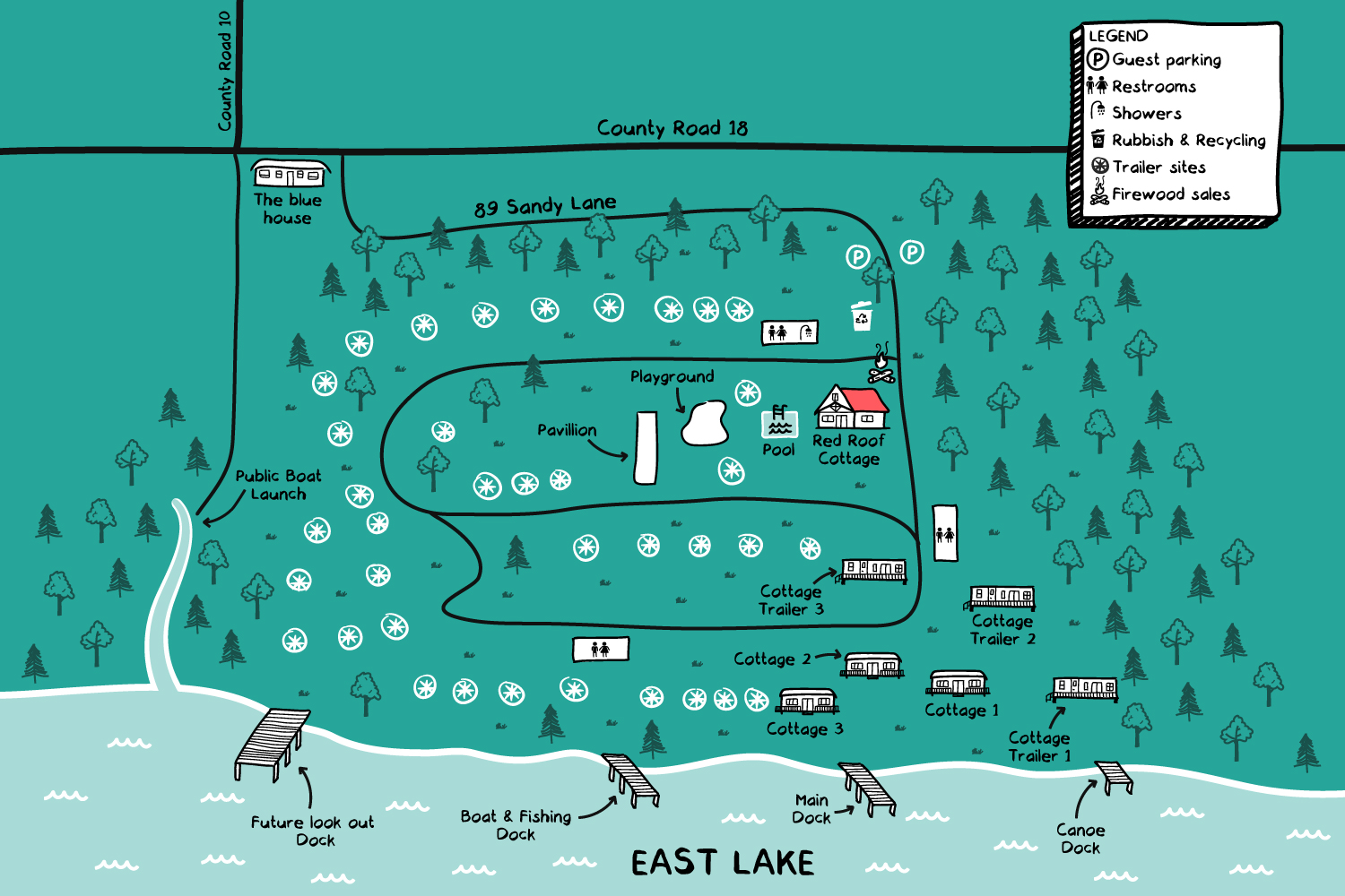 Hand-drawn map of the site by a lake