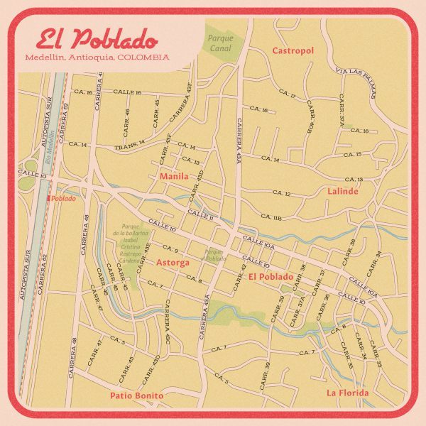 Street map of El Poblado in Medellin