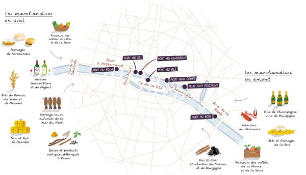 Illustrated map of Paris and the Seine river