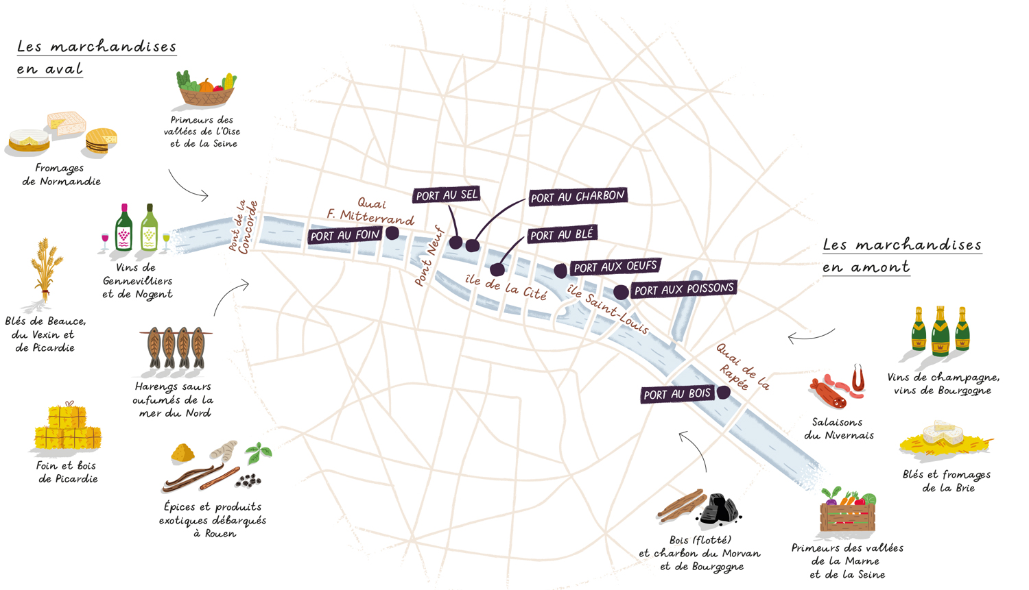 Illustrated map of Paris and the Seine river