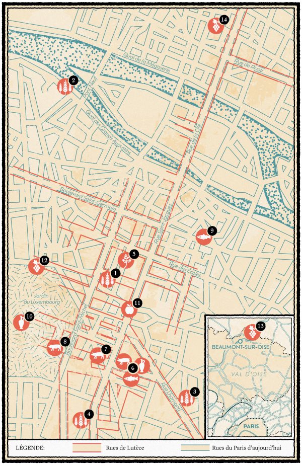Street map of Lutèce overlapping map of Paris