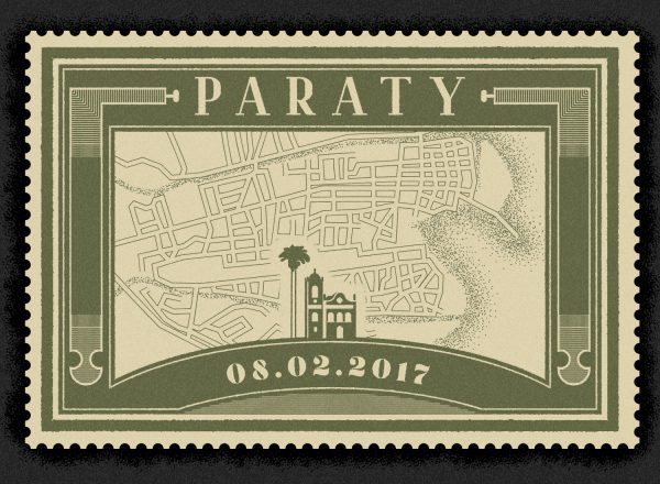 Stamp of Paraty inspired by old stamps, with the town's street map in the background and an illustrated church