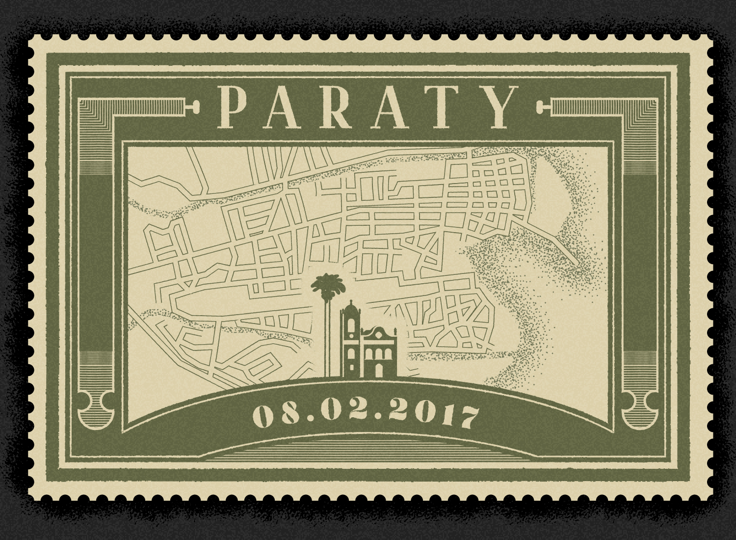 Stamp of Paraty inspired by old stamps, with the town's street map in the background and an illustrated church