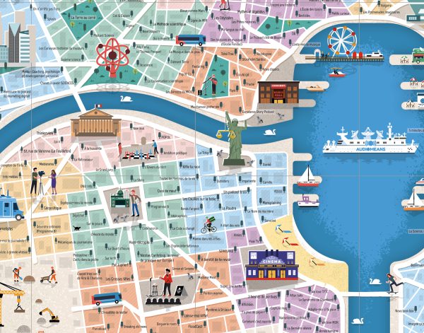 Illustrated map of fictional Podcast City - Greg Franco - Le Cartographiste