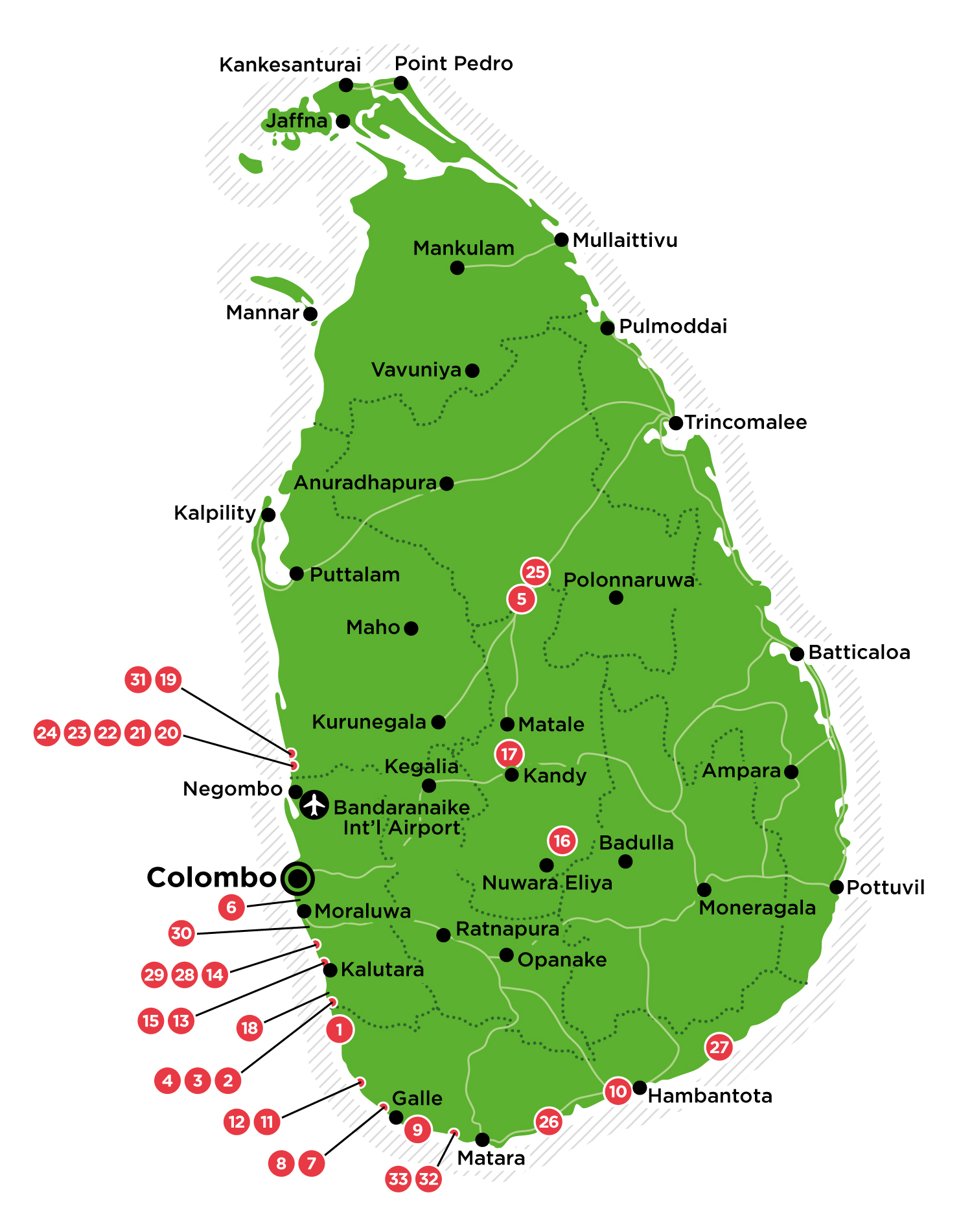 Location of different hotels in Sri Lanka