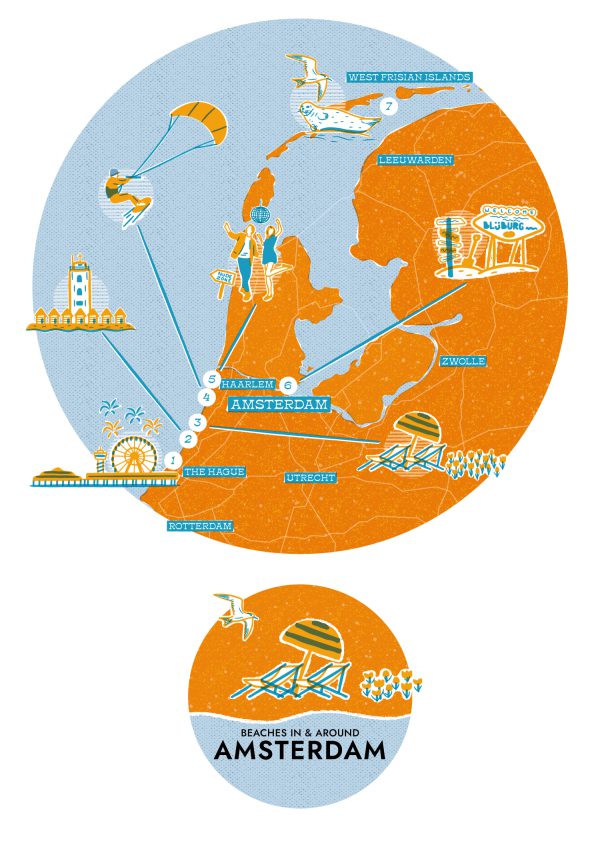 Illustrated map indicating a selection of beaches around Amsterdam