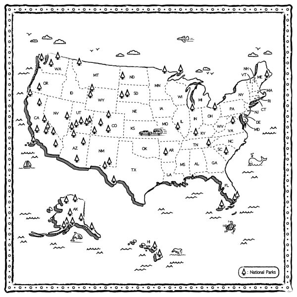 Maps of the USA showing National Parks with a tree icon