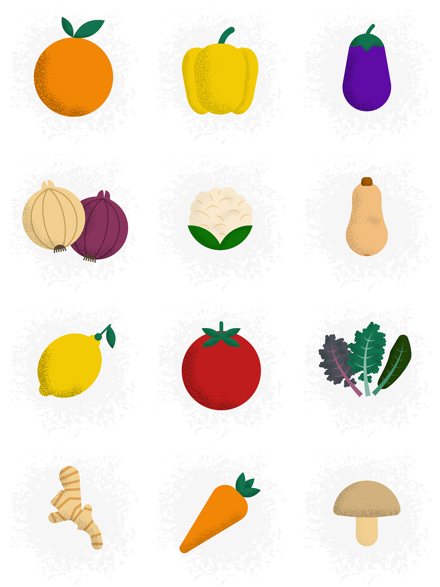 Set of 12 fruits and vegetables in geometric vector style