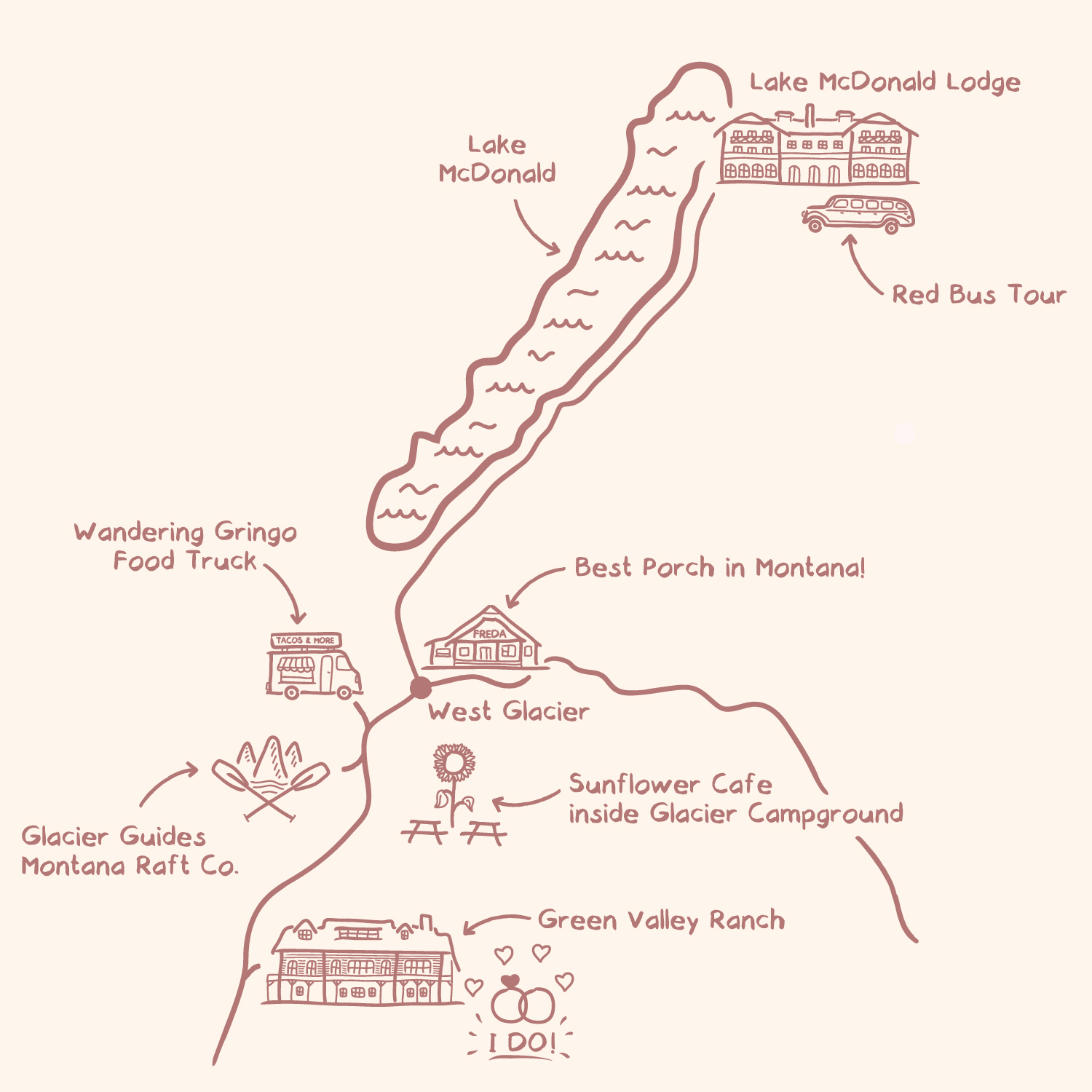 Map of the different venues for a wedding in West Glacier, Montana