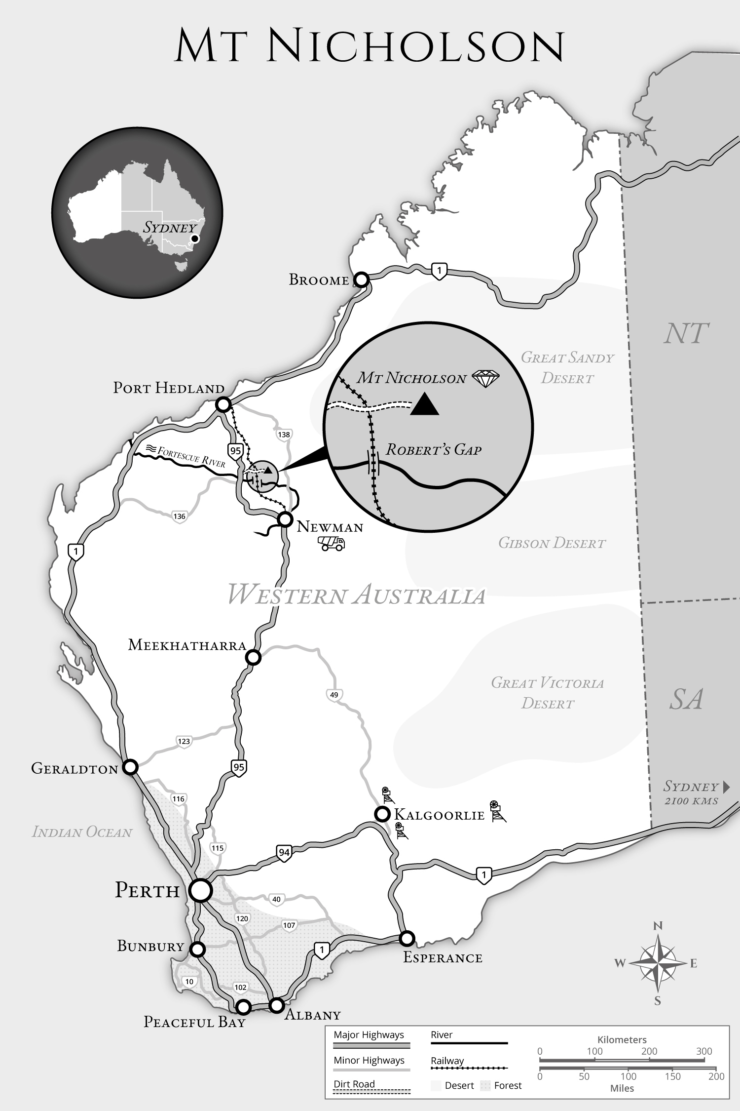 Road map with various points of interest in WA, Australia