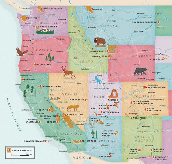 Illustrated map of the Western United States showing the National Parks, main cities and with illustrated wildlife