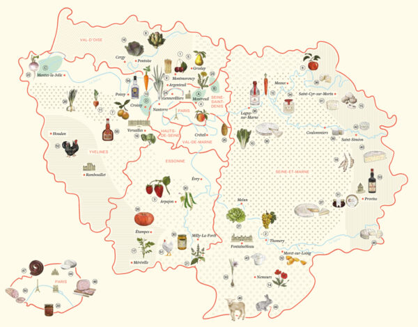 Illustrated map of Paris region with local produces
