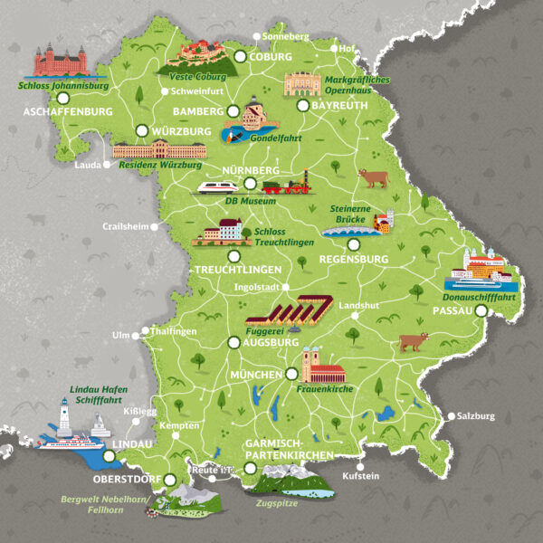 Illustrated map of the entire Bavaria region