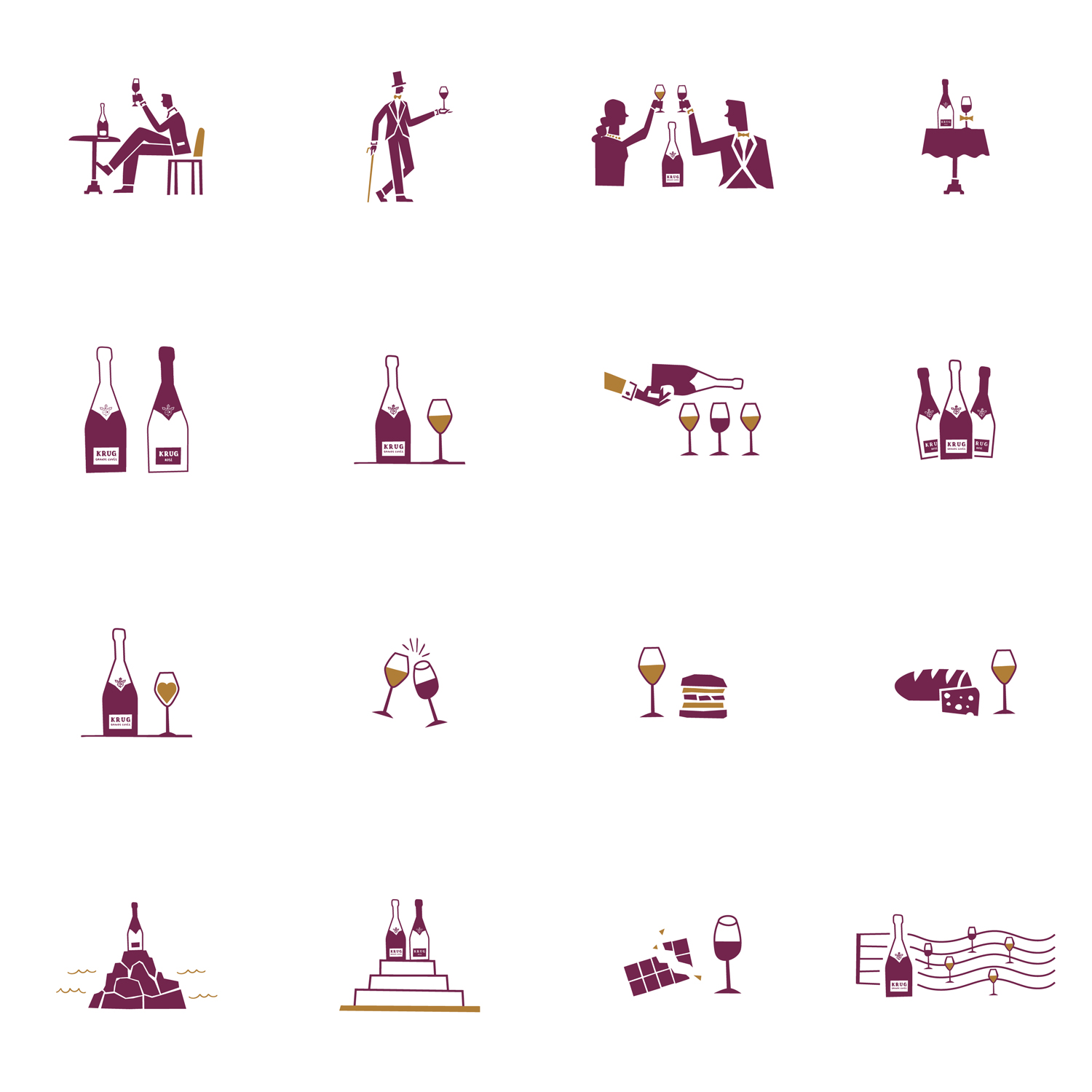 Champagne-themed spot illustrations in minimalist cut-out style ( glasses, bottles and related items) created for Krug Champagne at the Table by Rizzoli New York