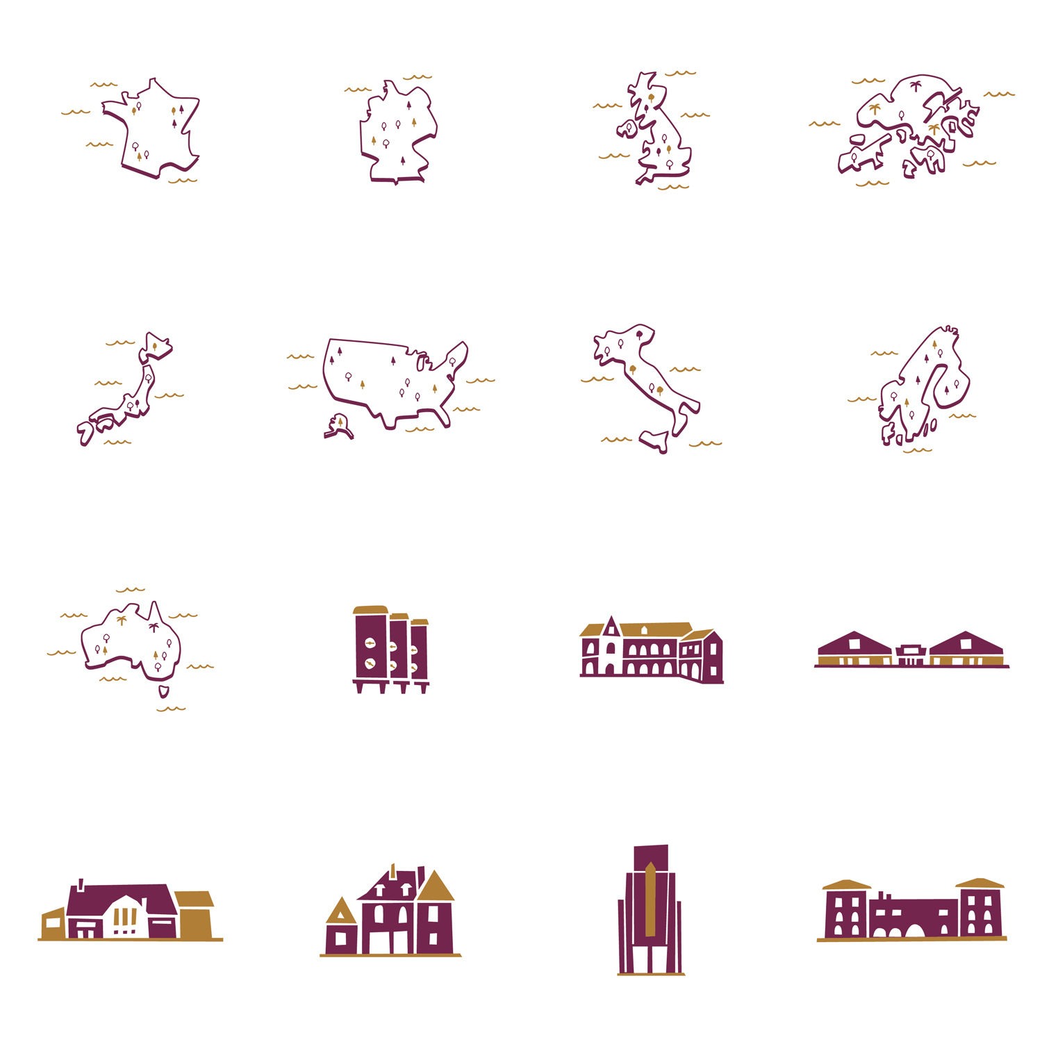 Maps and buildings spot illustrations for the book Krug Champagne at the Table