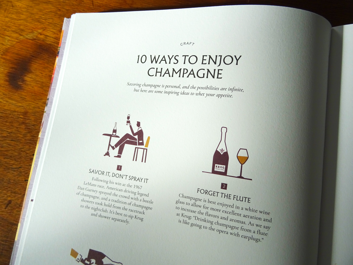 Close up on the book's page about 10 ways to enjoy Champagne