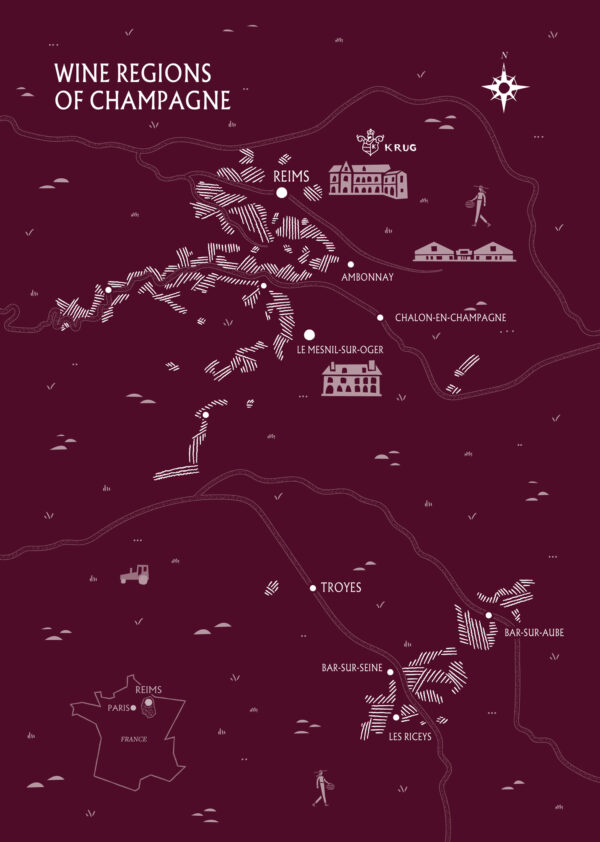 Illustrated map of the Champagne region highlighting Krug's historical locations