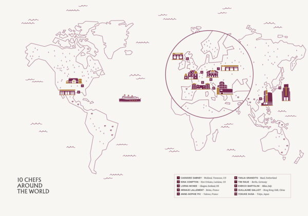 Map of the world showing the locations of 10 restaurants owned by famous chefs who are Krug ambassadeurs