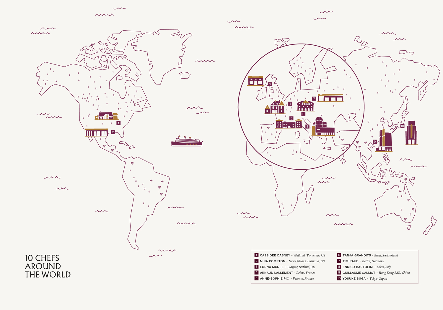 Illustrated world map showing the locations of 10 restaurants run by Krug ambassador chefs across 4 continents, created for Krug Champagne at the Table published by Rizzoli New York