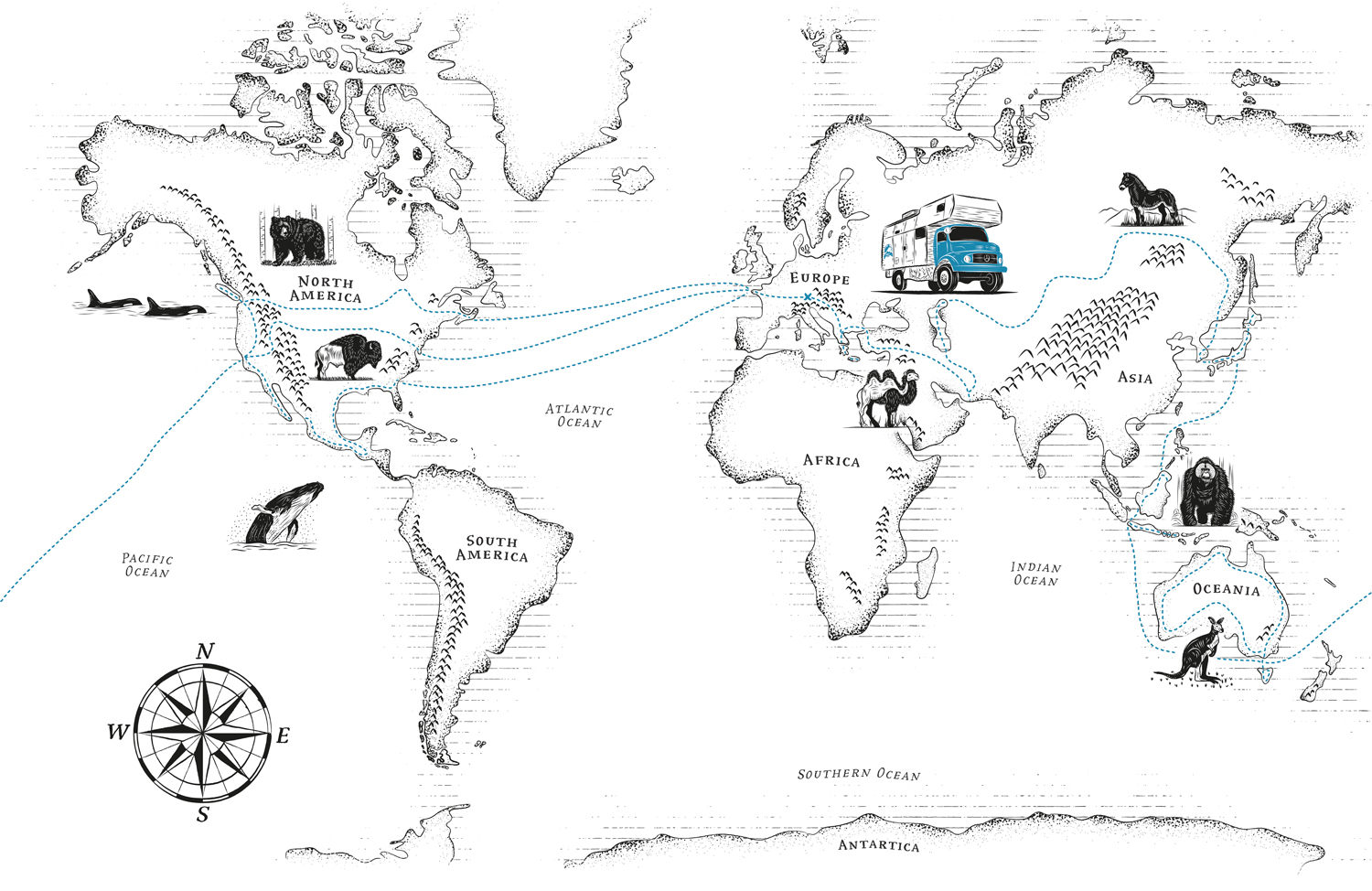 Black and white map of the world with illustrated wildlife and itinerary followed by Akela