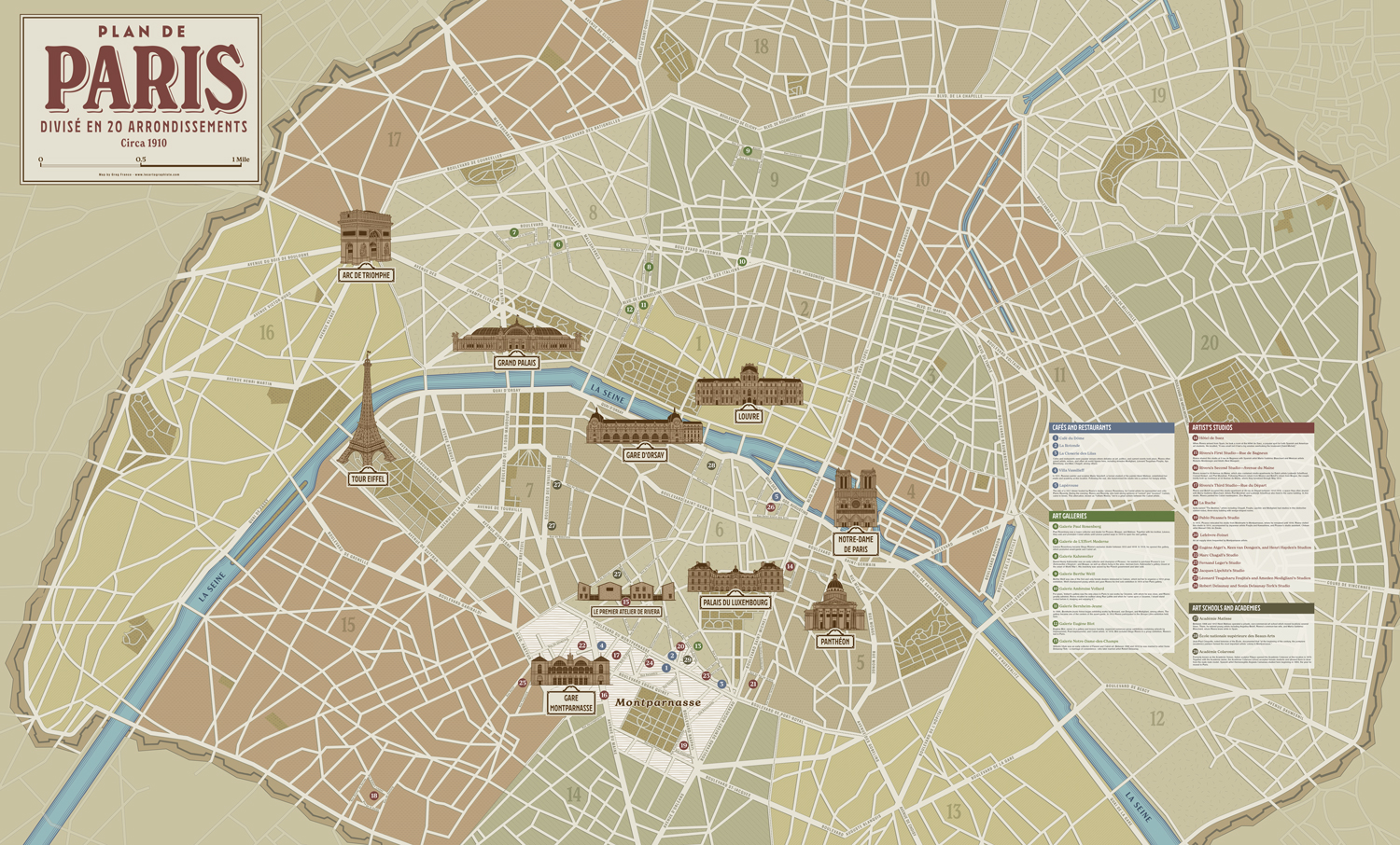 Full illustrated map of Paris with the title on the left, the featured landmarks in the middle and the key on the right