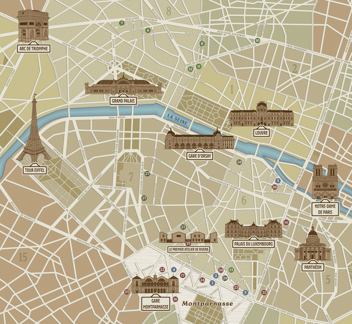 Illustrated map of Paris landmarks for an art exhibition at