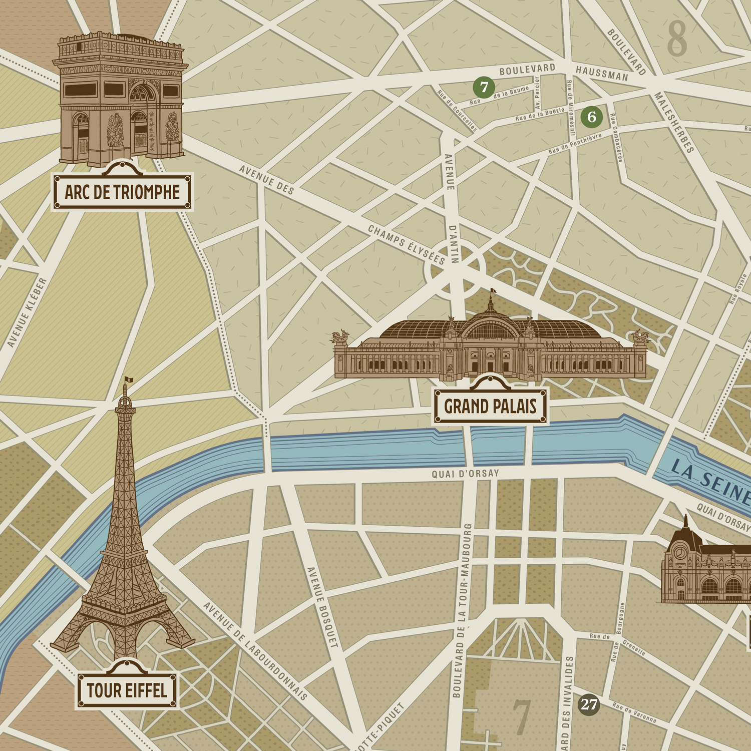 Zoom on the illustrations representing the Arc de Triomphe, Eiffel Tower and Grand Palais