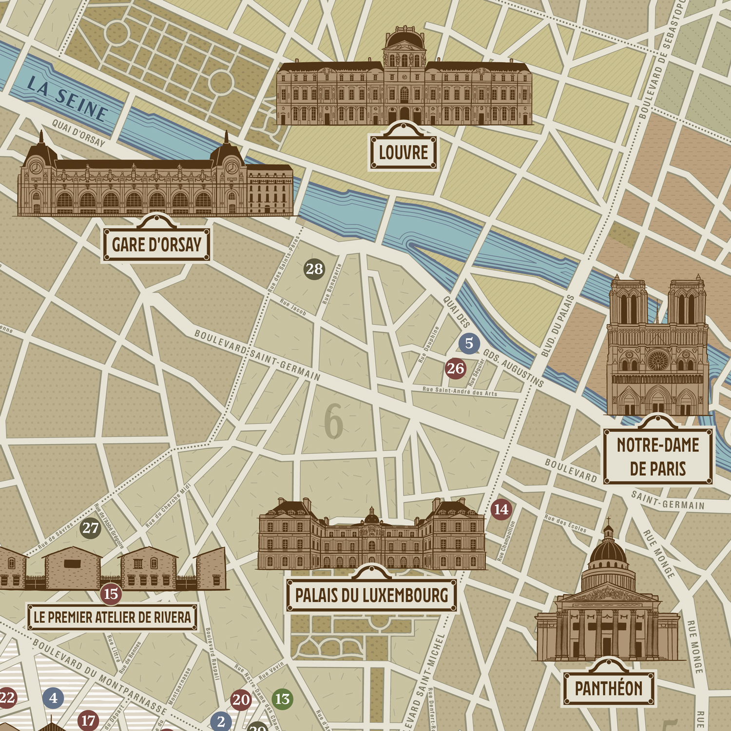 Zoom on the illustrations representing the Louvre, Gare d'Orsay, Notre Dame de Paris, Palais du Luxembourg, Panthéon and Rivera's first studio