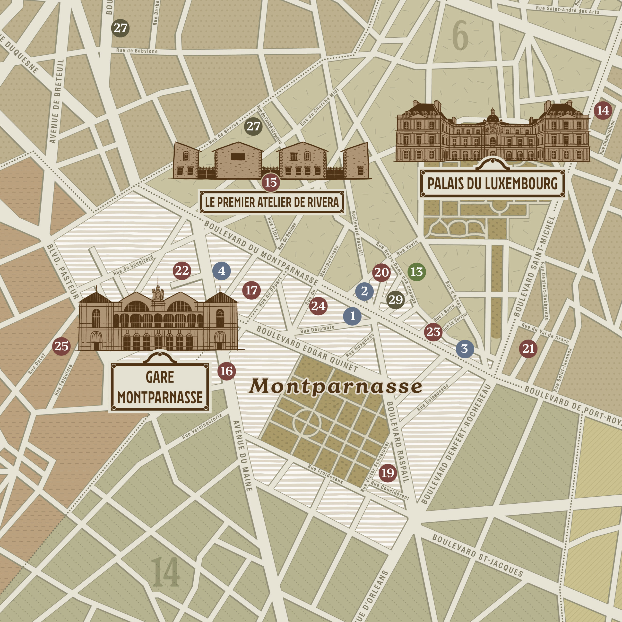 Zoom on the illustrations representing the Palais du Luxembourg, Rivera's first studio in Paris and Gare Montparnasse