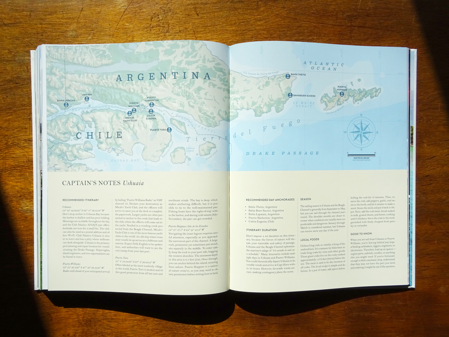 Picture of a spread page of the book featuring the nautical map of Tierra del Fuego in Argentina and Chile