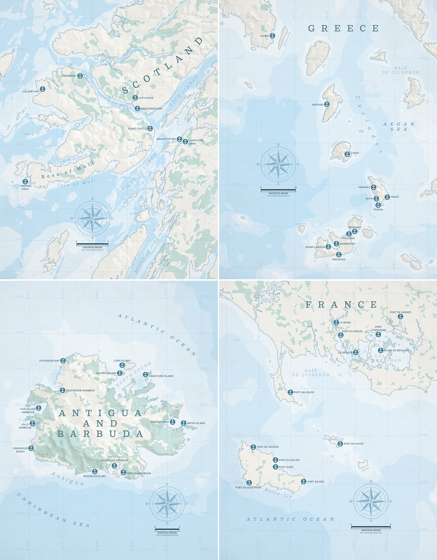Nautical maps of Scotland, Greece, Antigua and Bermuda, France