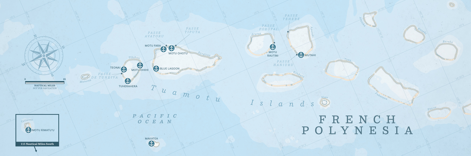 Nautical map of the Tuamotu Islands in French Polynesia