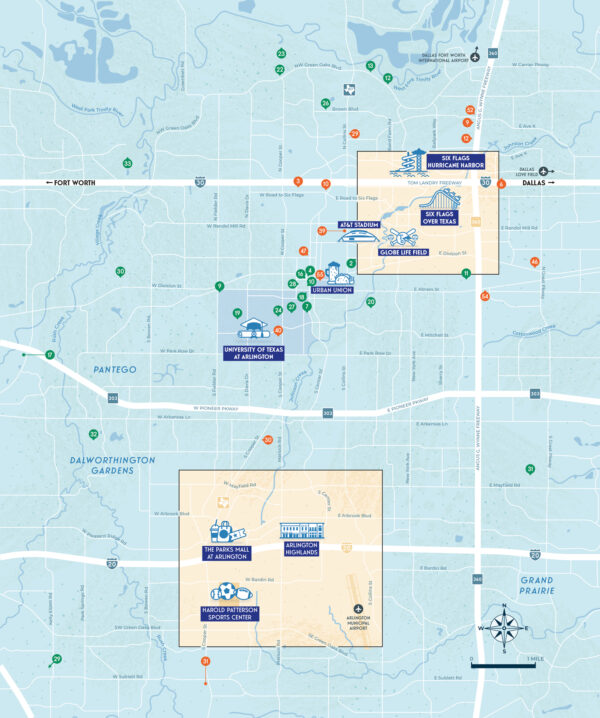 Full map of Arlington, Texas feating 90+ points of interest