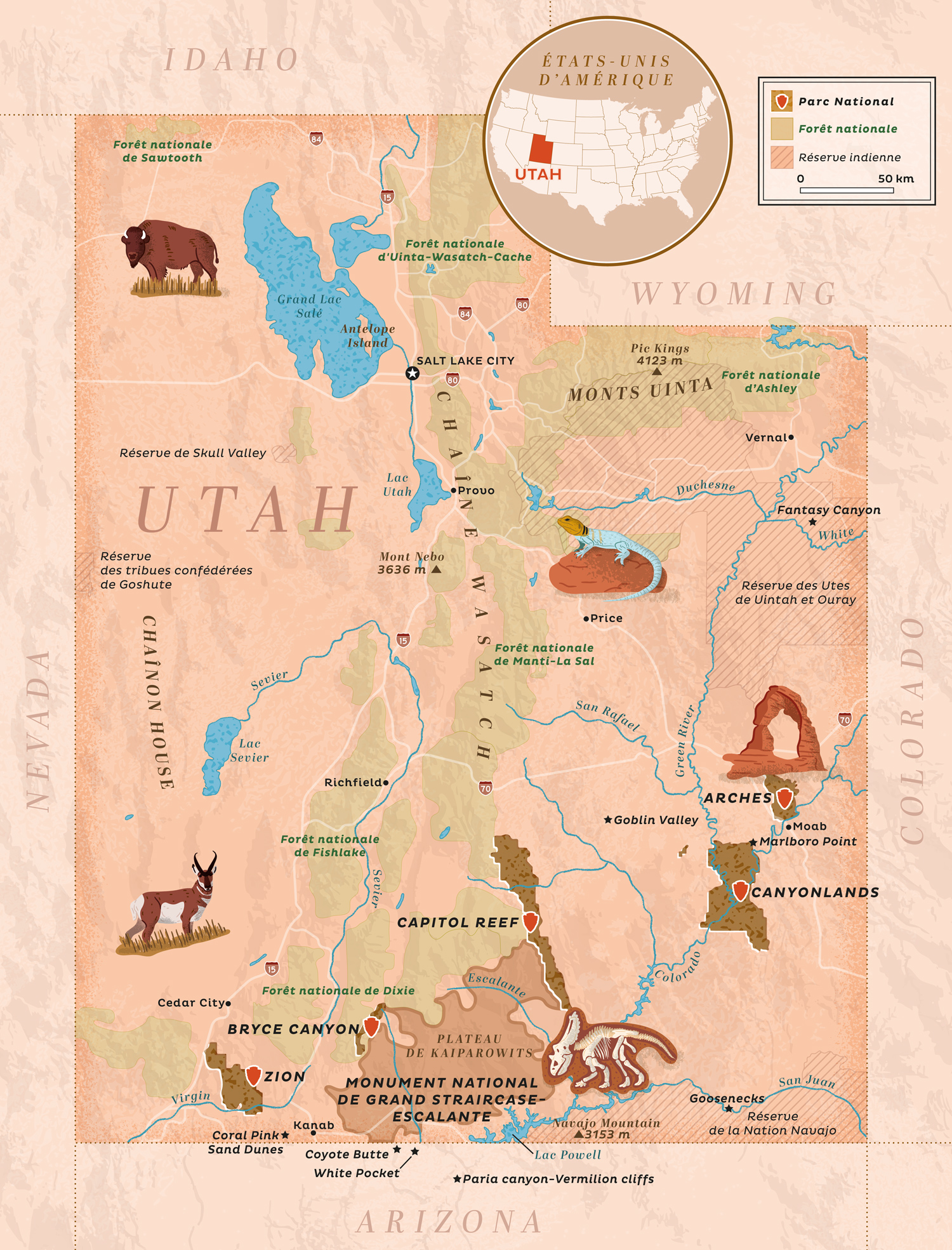 Illustrated map of the state of Utah showing the National Parks, main cities and with illustrated wildlife and landmarks