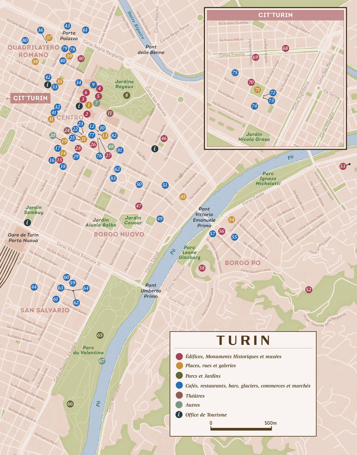 Street map of Turin indication the location of 83 points of interest sorted as different categories