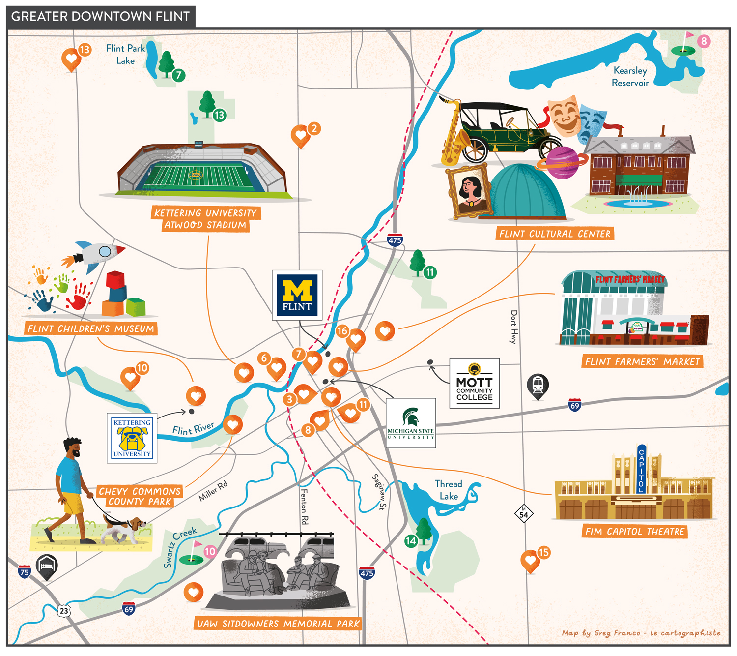 Illustrated map of Greater Downtown Flint, Michigan, featuring illustrations of local attractions and landmarks