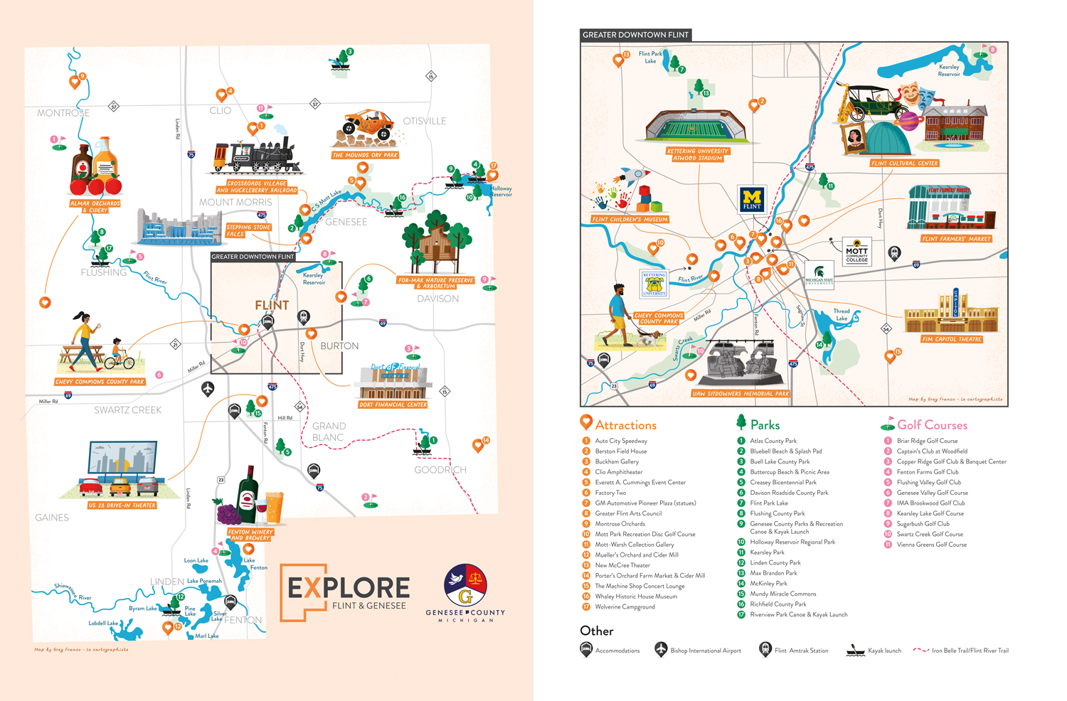 2025 Explore Flint & Genesee visitor guide spread featuring two illustrated maps by Greg Franco - Le Cartographiste