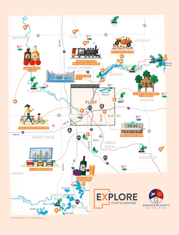 Illustrated map of Genesee County featuring illustrations of local attractions