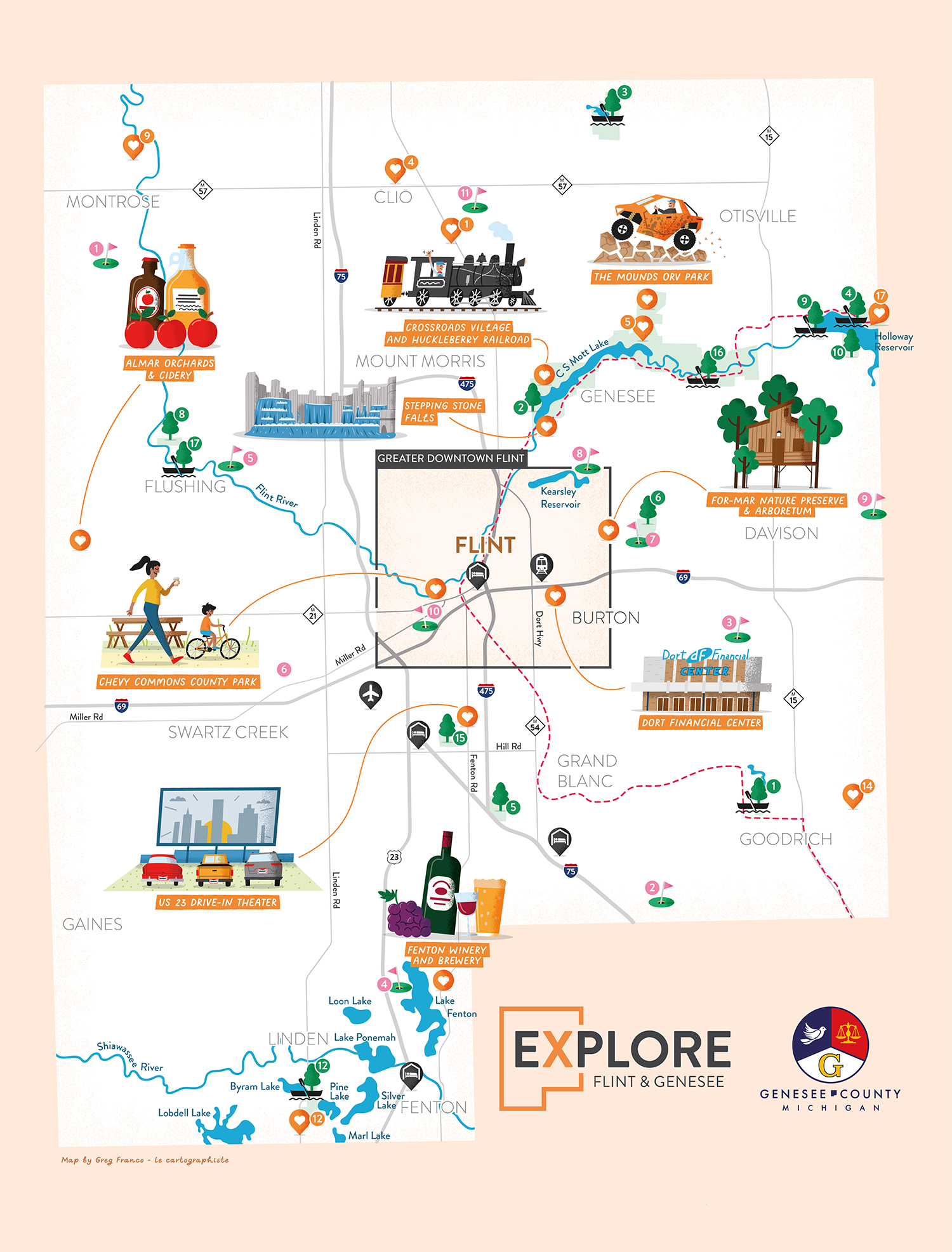 Illustrated map of Genesee County featuring illustrations of local attractions