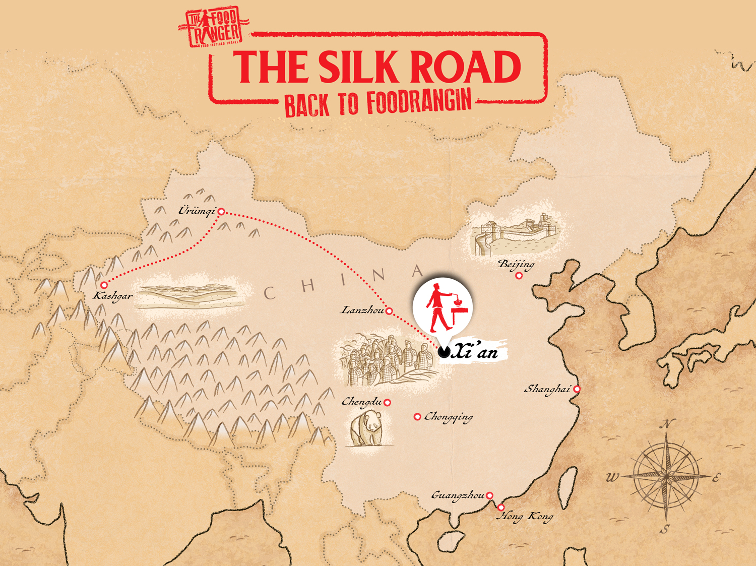 Illustrated map of China hilighting an itnerary between Xi'an, Lanzhou, Urumqi and Kashgar