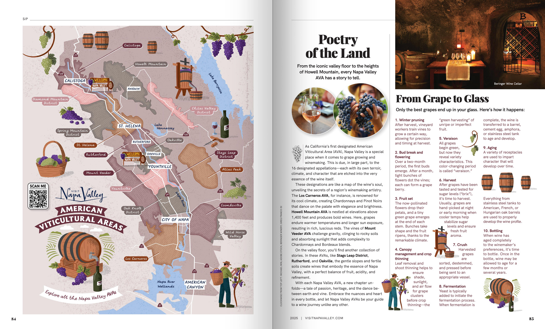Spread of the Visit Napa Valley 2025 Visitor Magazine featuring a map of the AVAs and spot illustrations related to wine making.