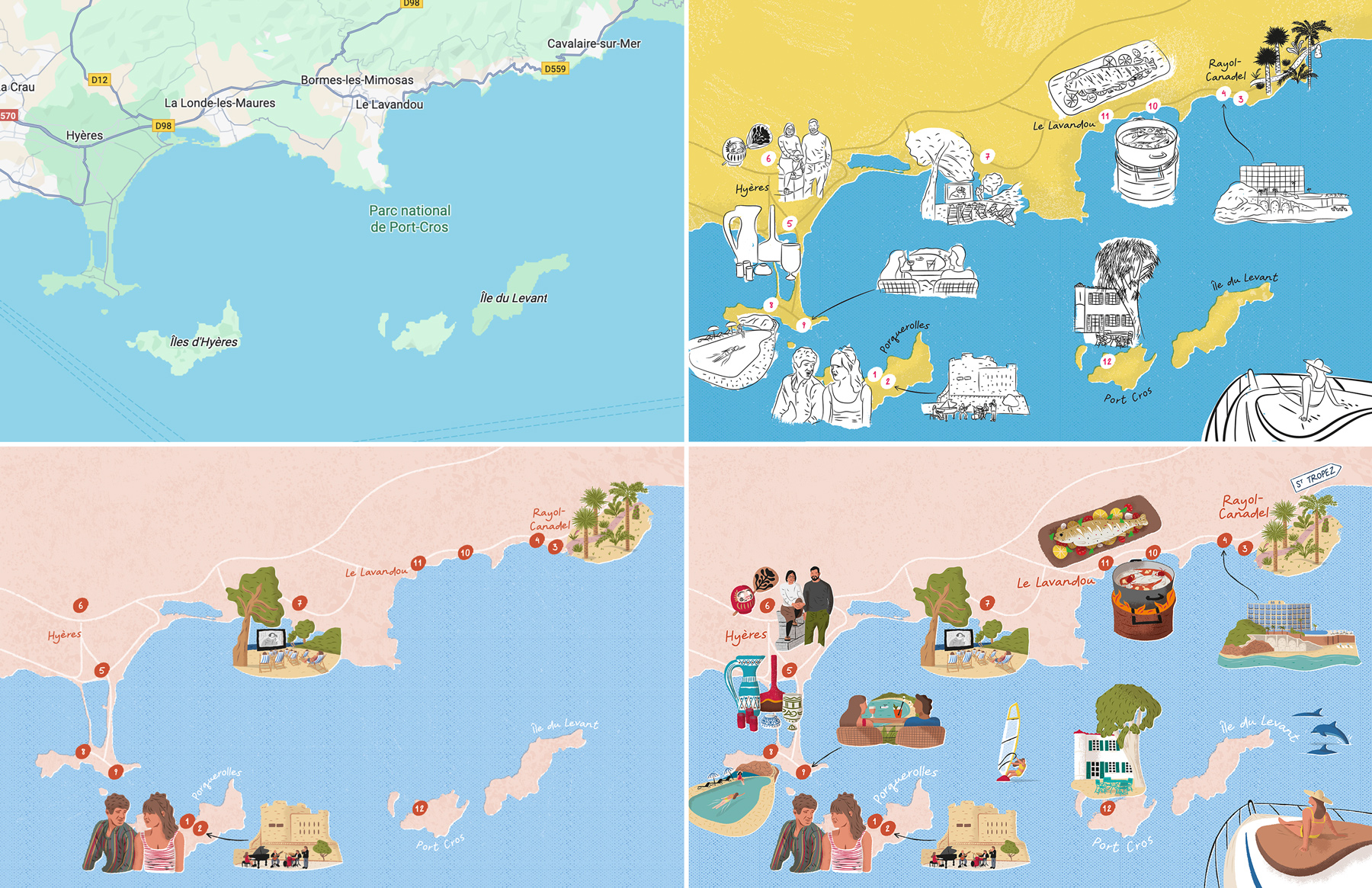 Illustration of the process to create an illustrated map from the Googlemaps screenshot of the area to the final map with draft stages