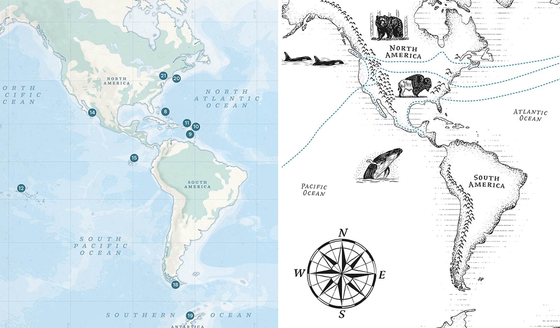 A practical map of North and South America with hillshade and bathymetry next to a hand-drawn illustrated map of the Americas