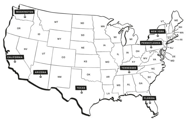 Hand-drawn map of the USA with highlighted states related to the book content