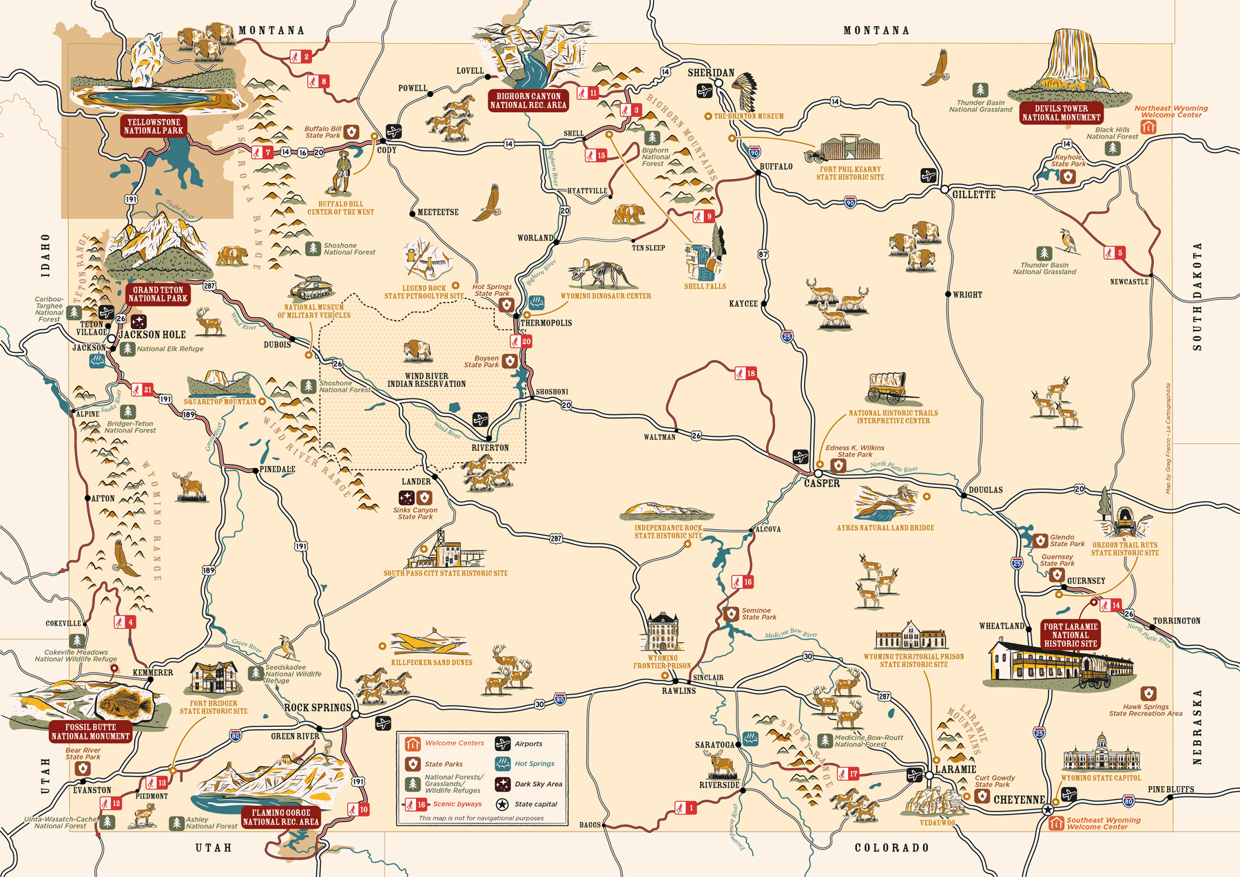 Illustrated map of Wyoming featuring 36 illustrations and more than 80 points of interest
