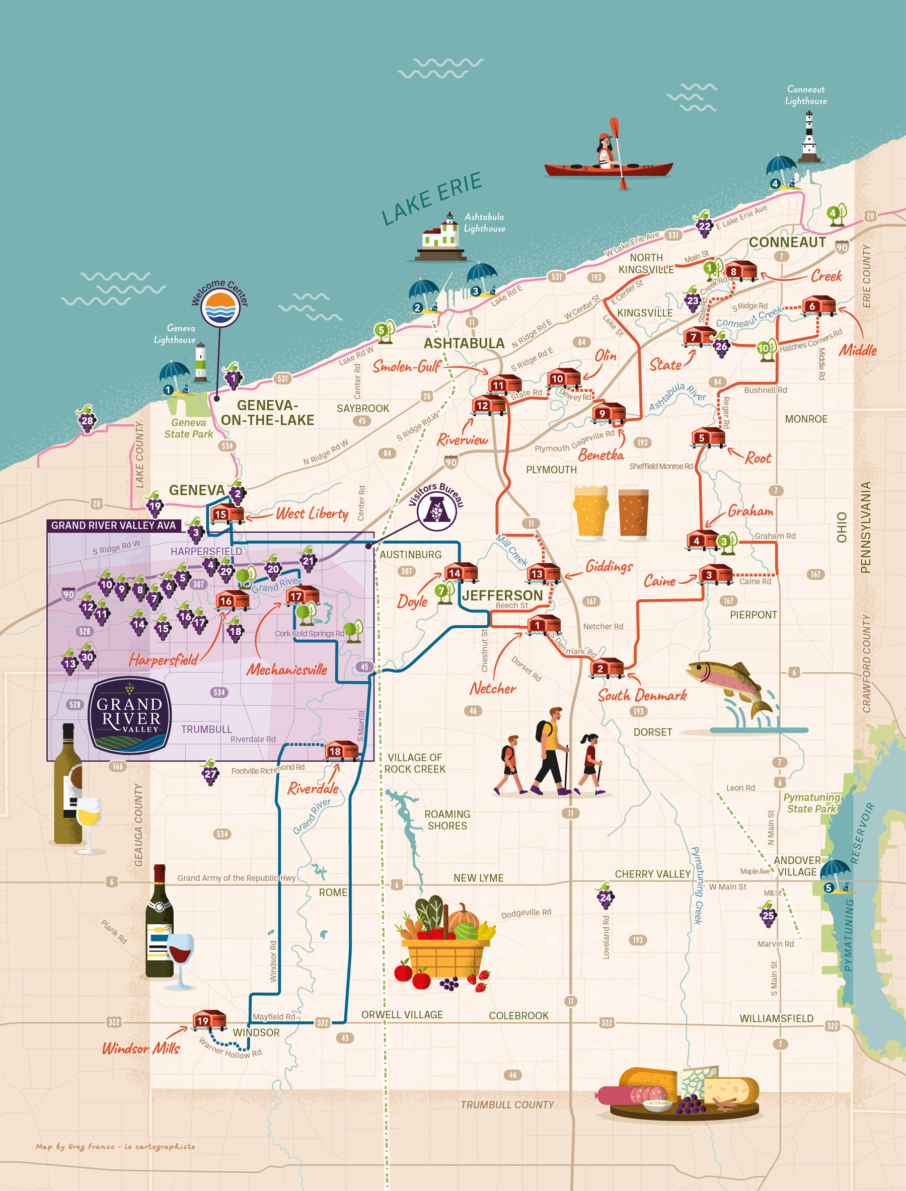 Illustrated map of Ashtabula County featuring wineries, covered bridges, metroparks, beaches and tourism offices